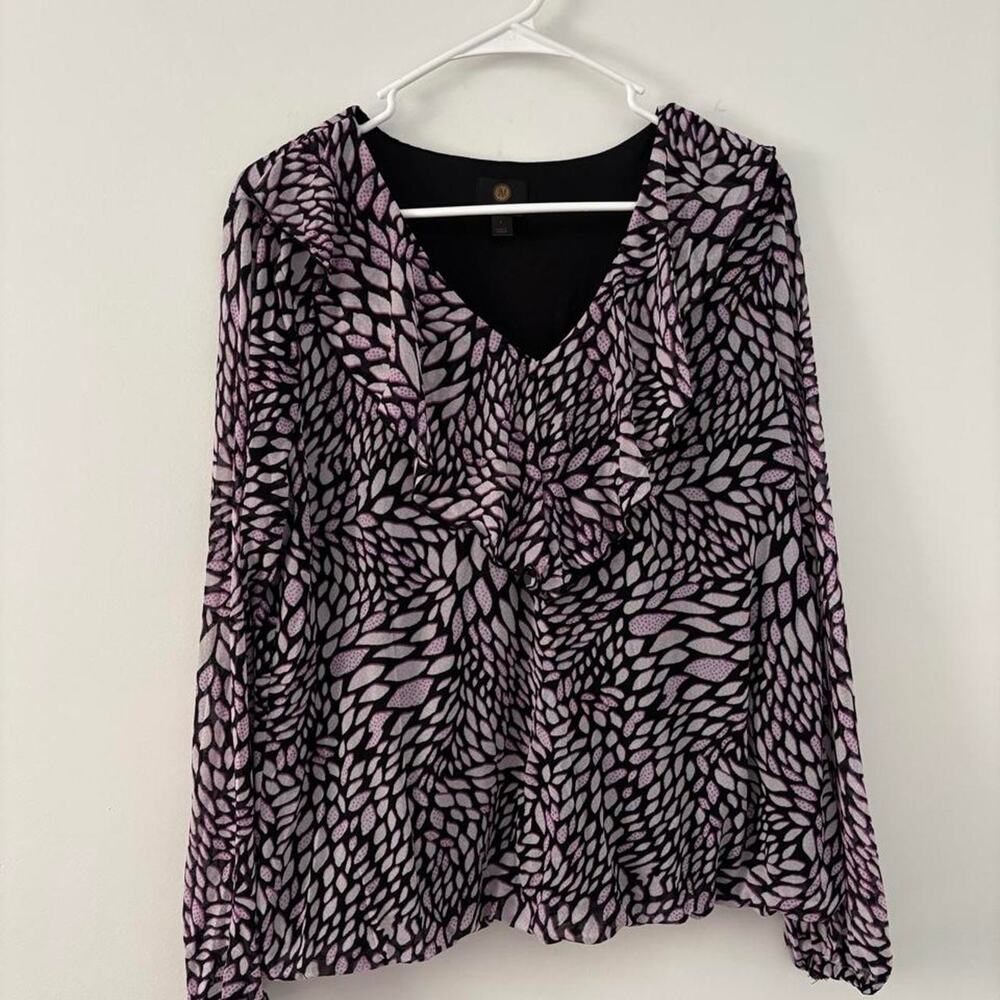 JM Collection Women's Purple Black Abstract Print Ruffled Blouse Size L
